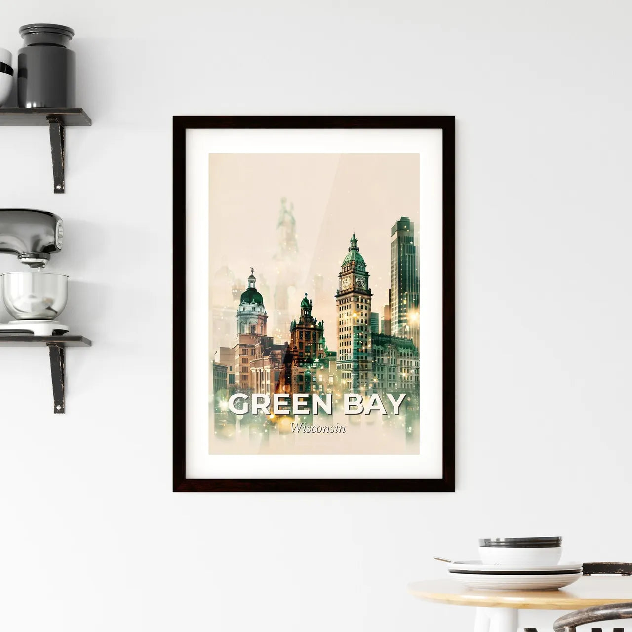 Green Bay: City Skyline Double Exposure Art Framed Print