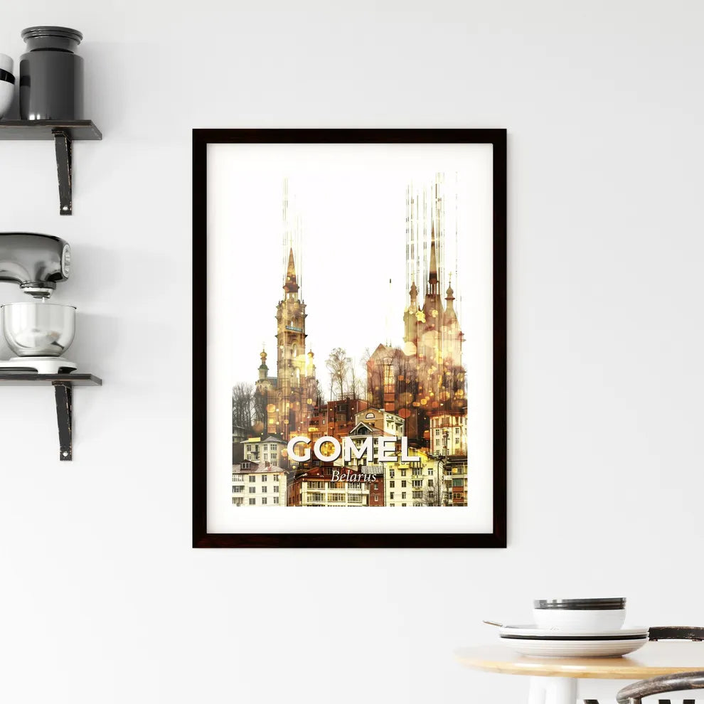 Gomel Skyline Composite Art Poster Bright Beige Blisters Framed Print