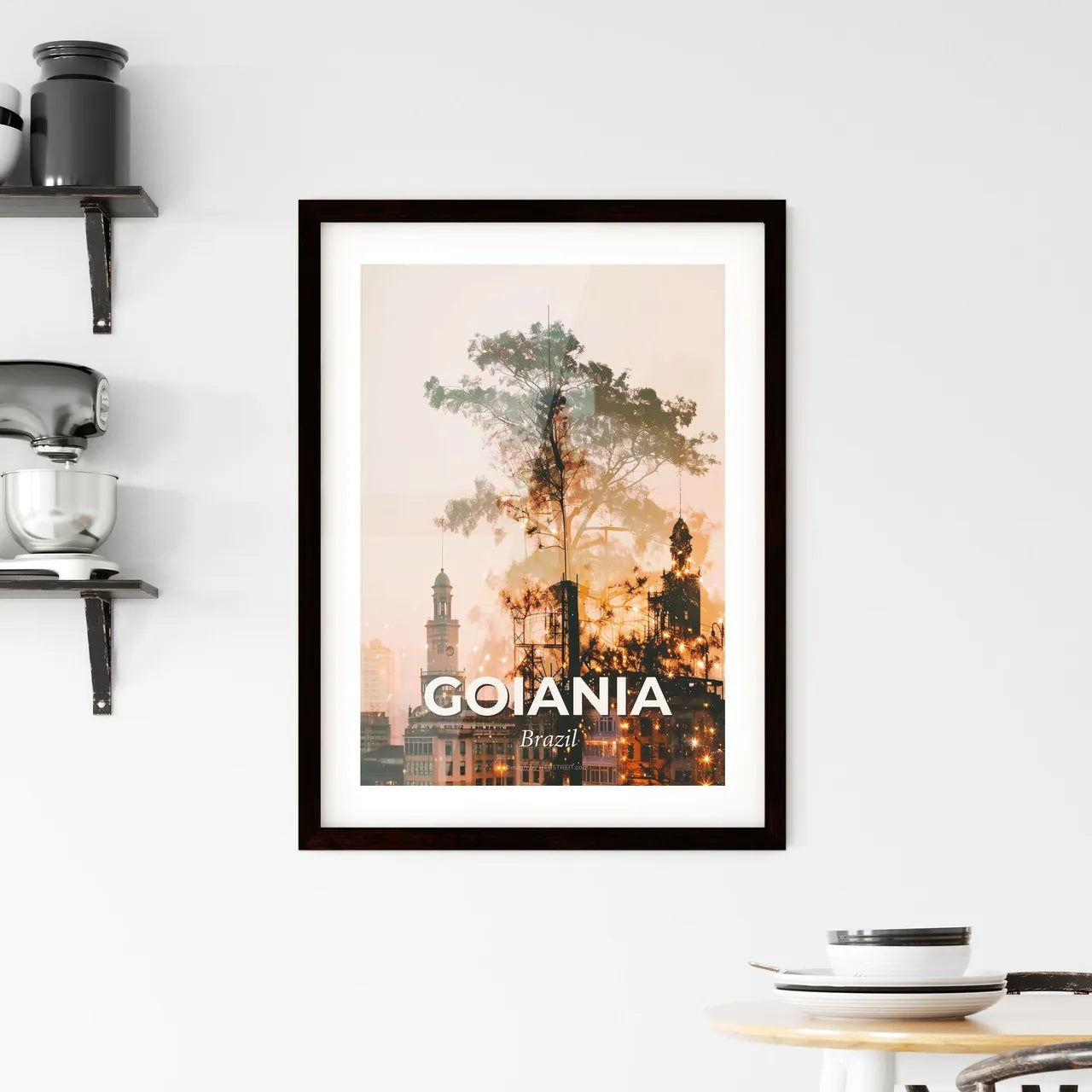 Goiania City Icons Illuminated on Beige Framed Print