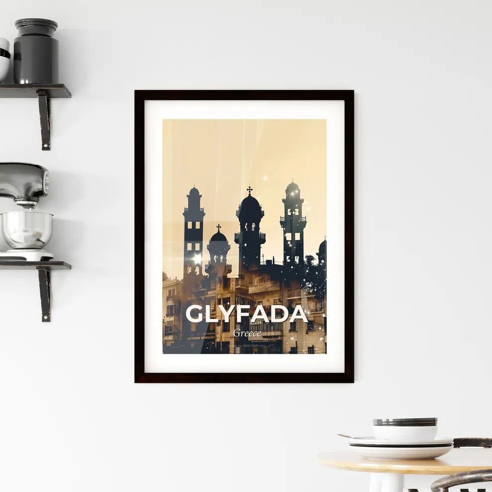 Glyfada City Silhouette Panoramic View Beige Framed Print