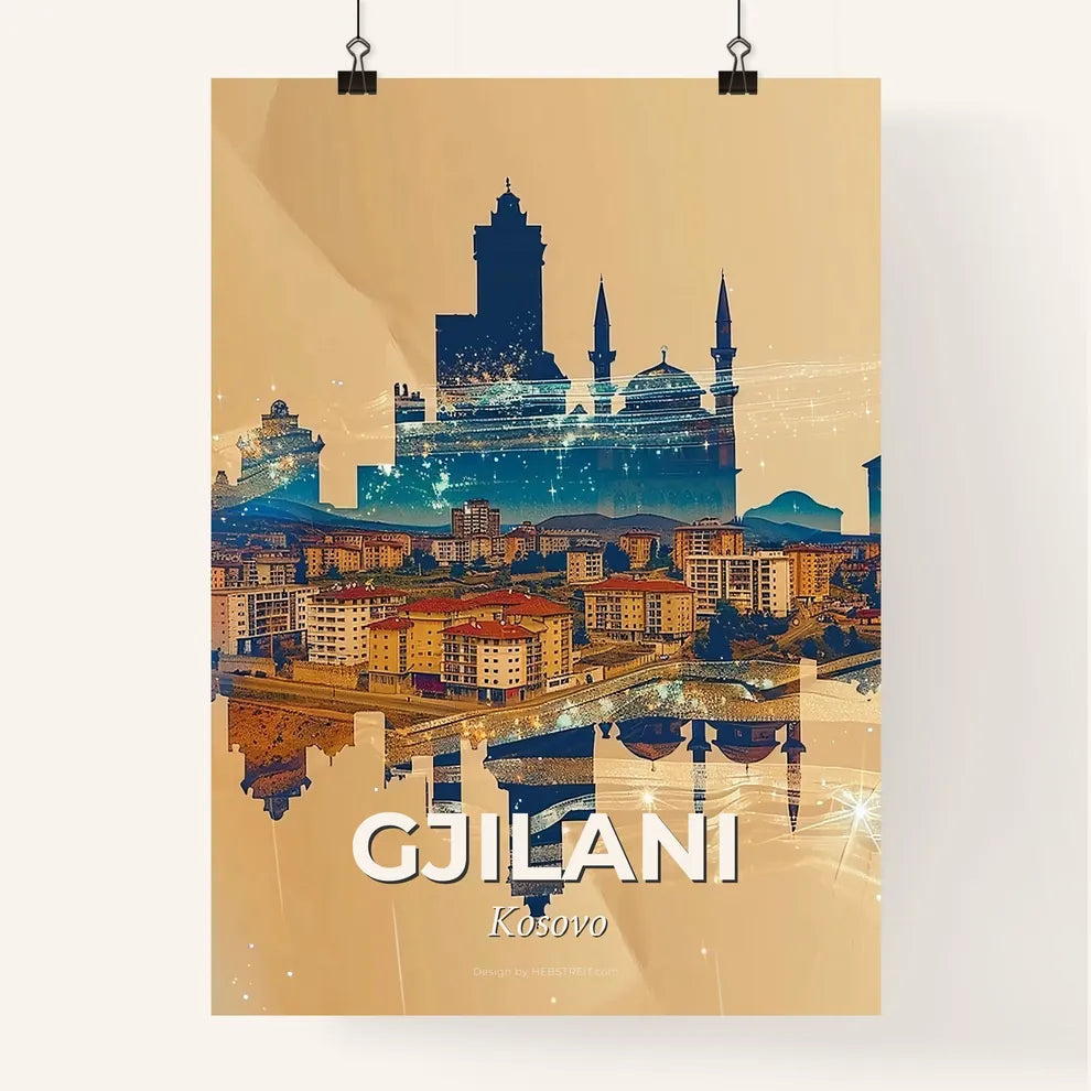Gnjilane Skyline Double Exposure Bright Paper Sparks Poster