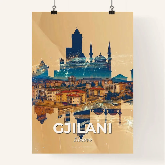Gnjilane Skyline Double Exposure Bright Paper Sparks Poster