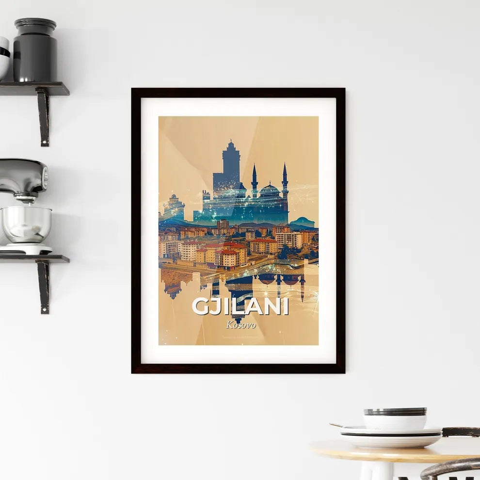 Gnjilane Skyline Double Exposure Bright Paper Sparks Framed Print