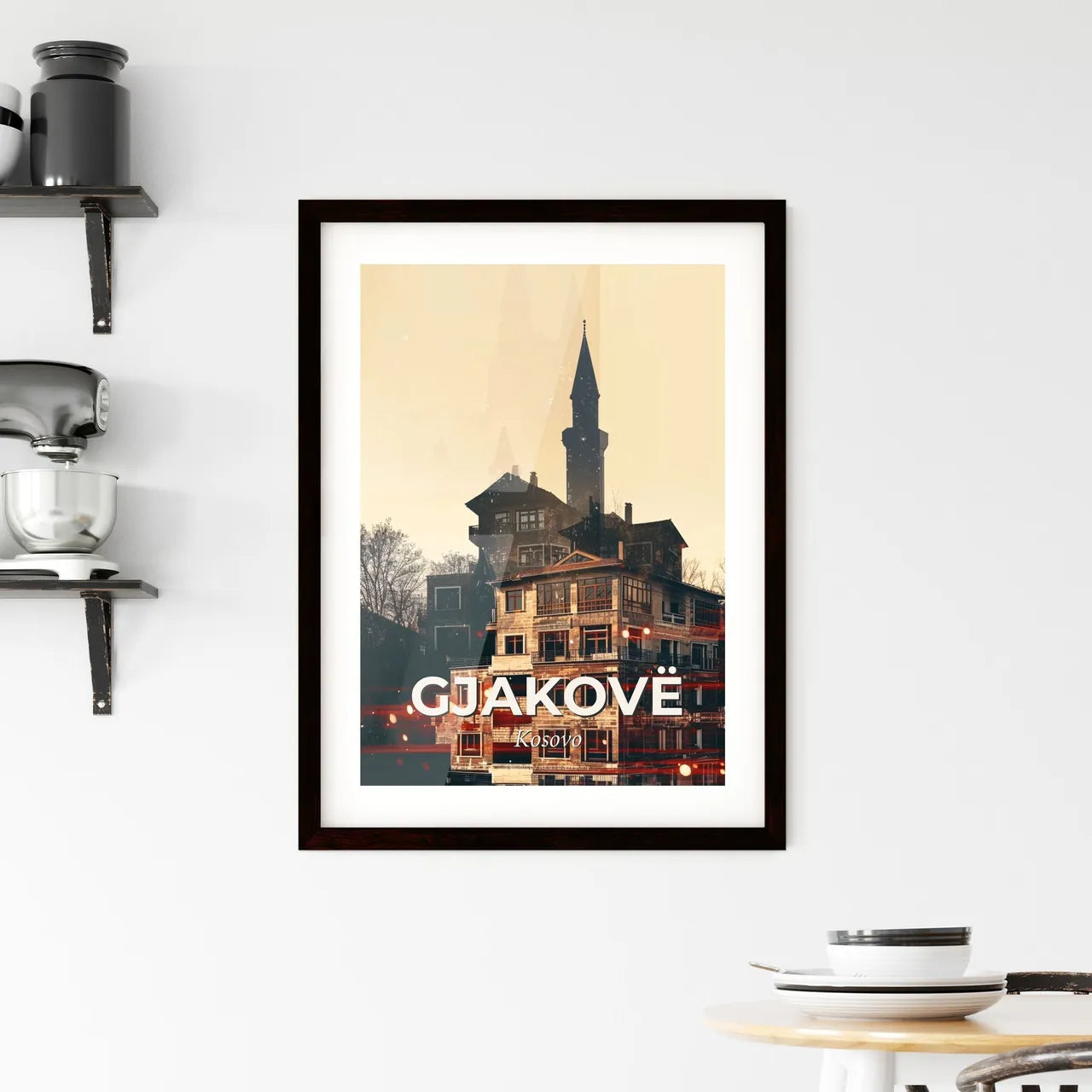 Gjakovë Ä akovica Skyline Architecture Bright Beige Framed Print