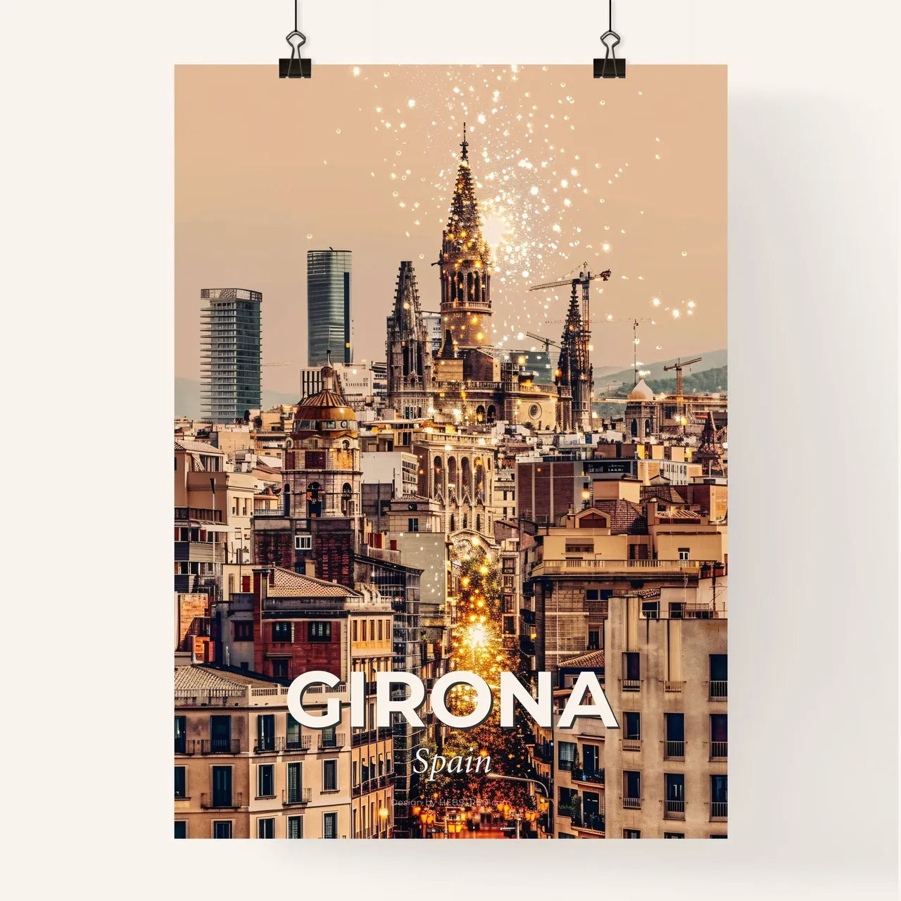 Girona Skyline Cityscape Local Icons Bright Mood Poster Poster