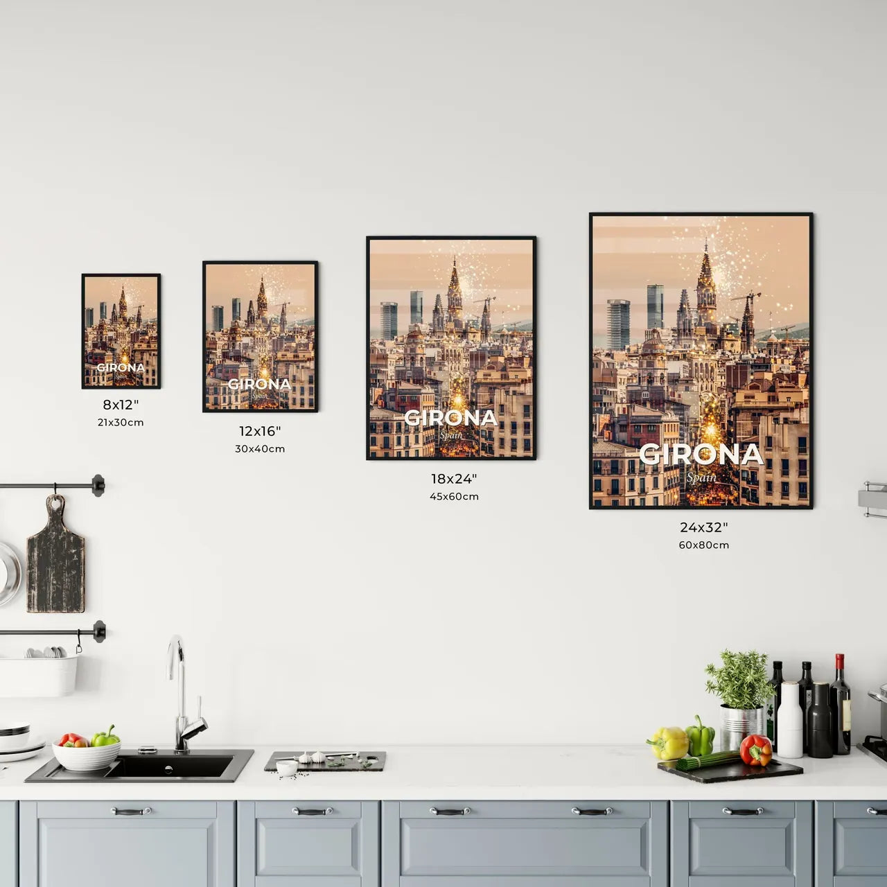 Girona Skyline Cityscape Local Icons Bright Mood Poster Office Art
