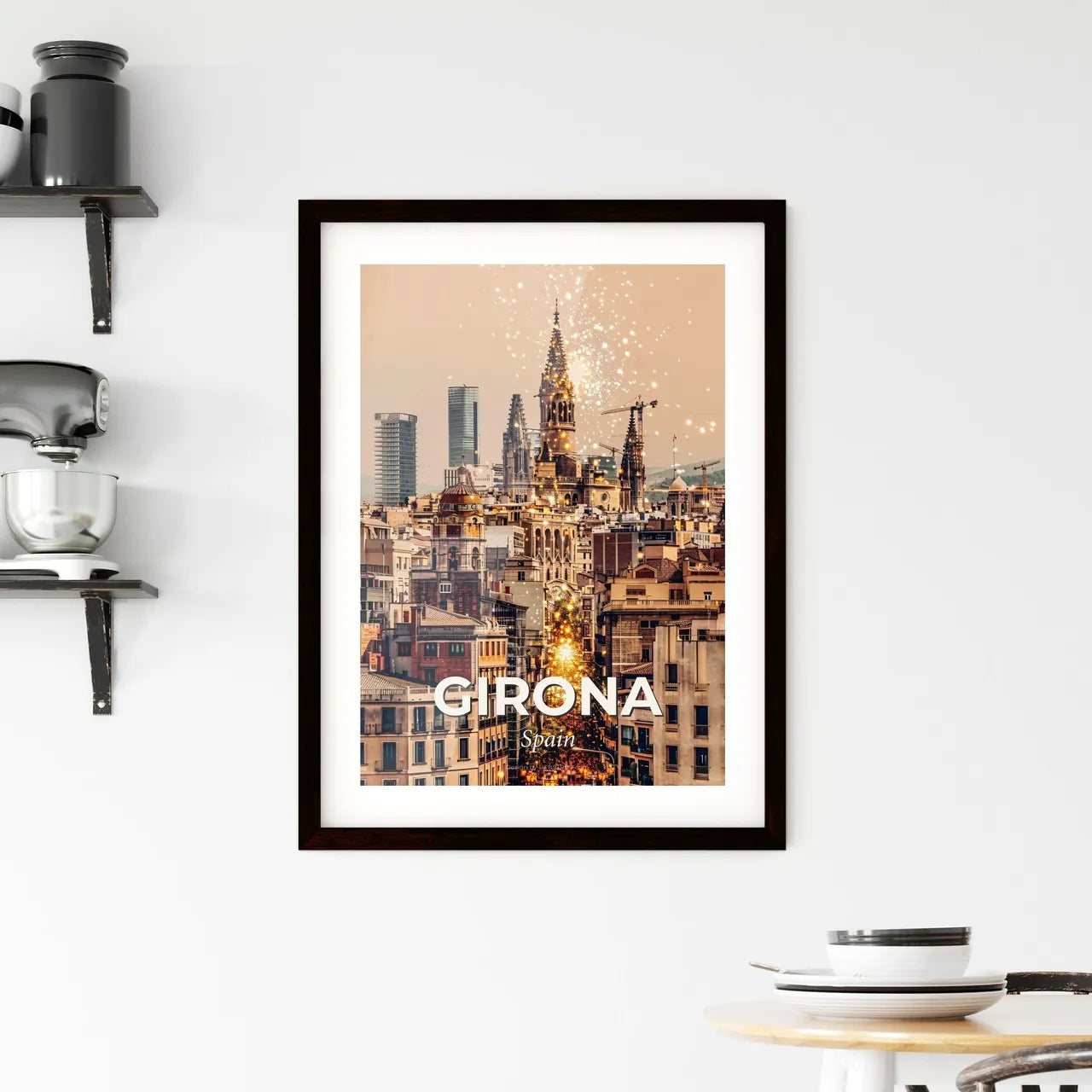 Girona Skyline Cityscape Local Icons Bright Mood Poster Framed Print