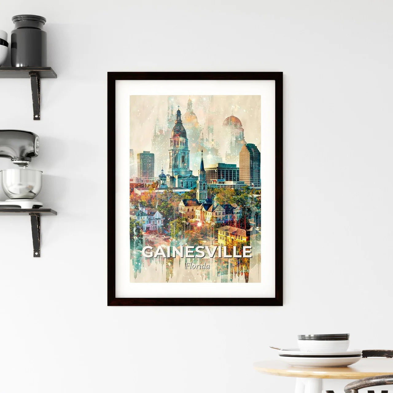 Gainesville Skyline Iconography Double Exposure Poster Framed Print