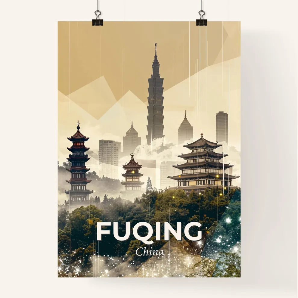 Fuqing, China: Double Exposure Skyline Art Poster