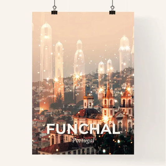 Funchal Cityscape Double Exposure with Local Icons Poster