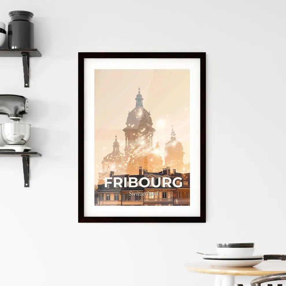 Fribourg City Lights Skyline Poster Art Framed Print