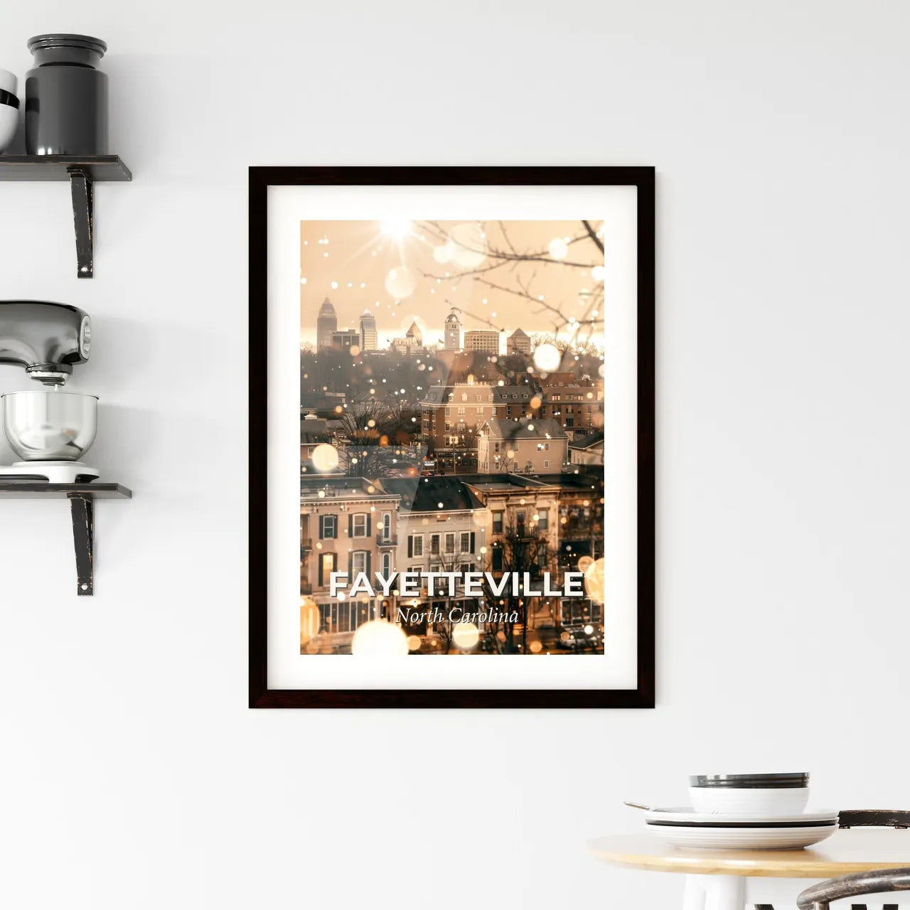 Fayetteville: Blending City and Icons on a Beige Canvas Framed Print