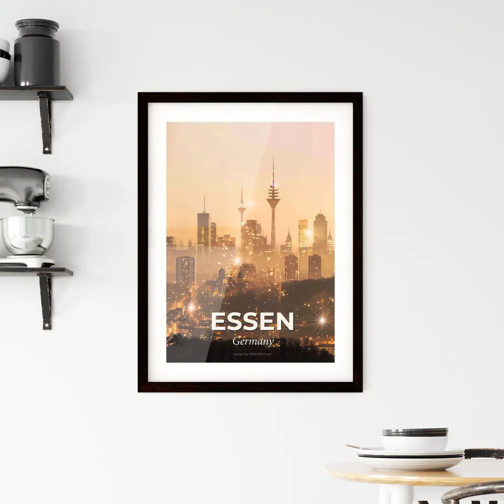 Essen City Skyline Bright Beige Backlight Poster Framed Print