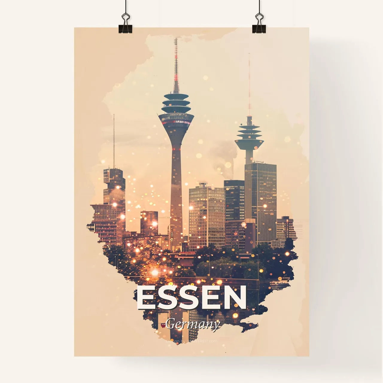Essen: City Skyline at Night, Double Exposure Poster