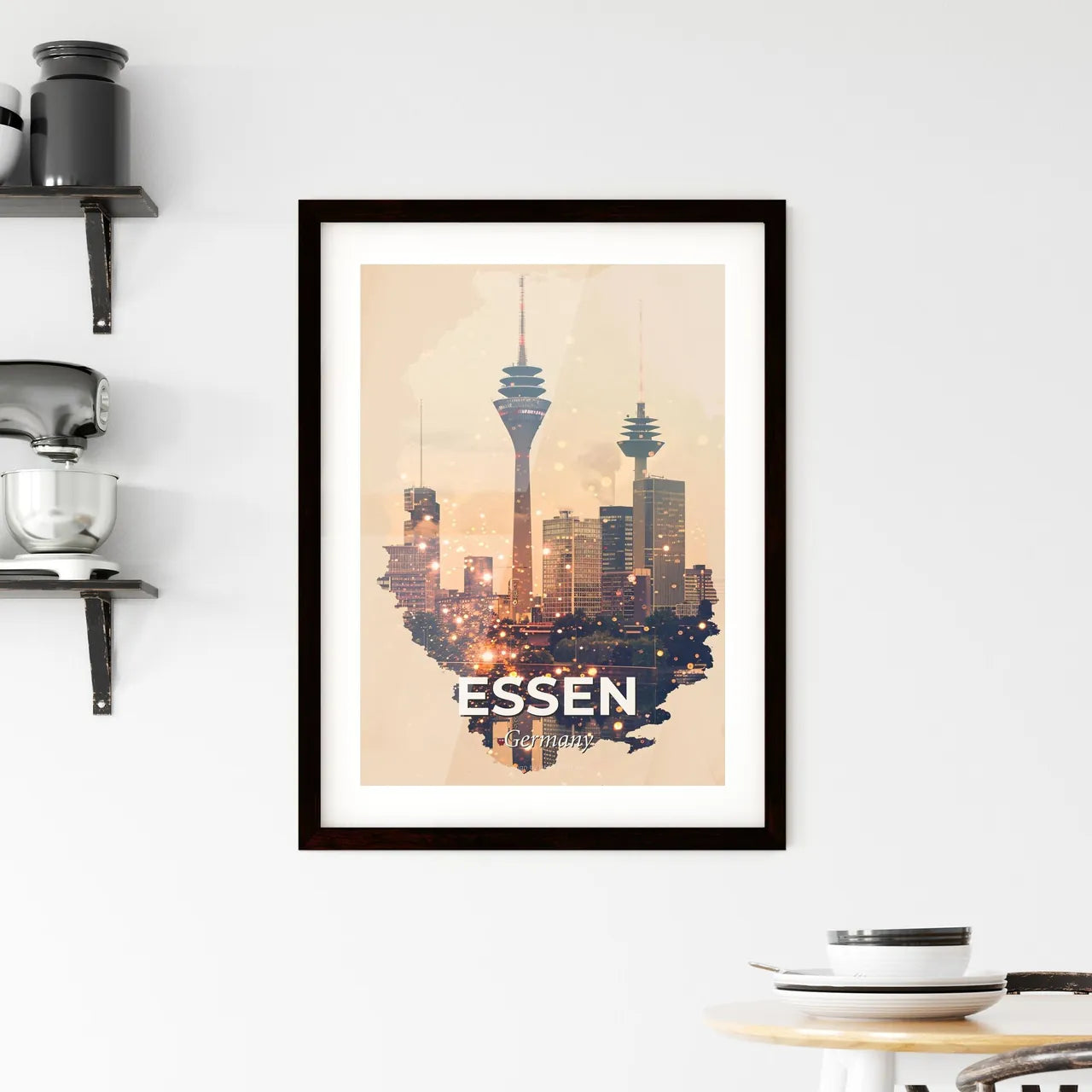 Essen: City Skyline at Night, Double Exposure Framed Print