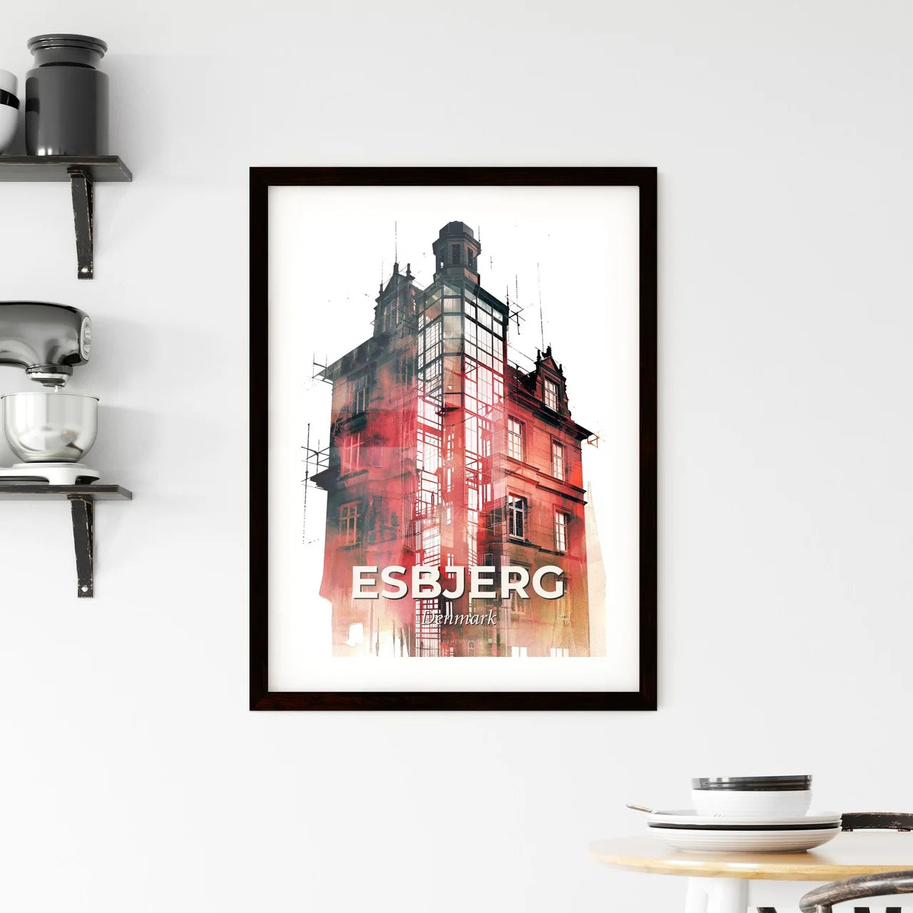 Esbjerg Skyline Silhouette Composite Artwork Subtile Background Framed Print