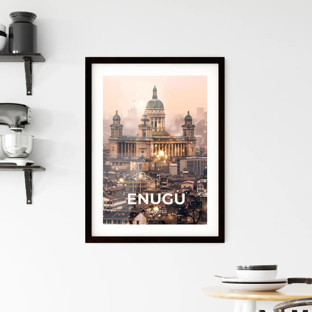 Enugu Skyline: Igbo Flair on Beige Canvas Framed Print