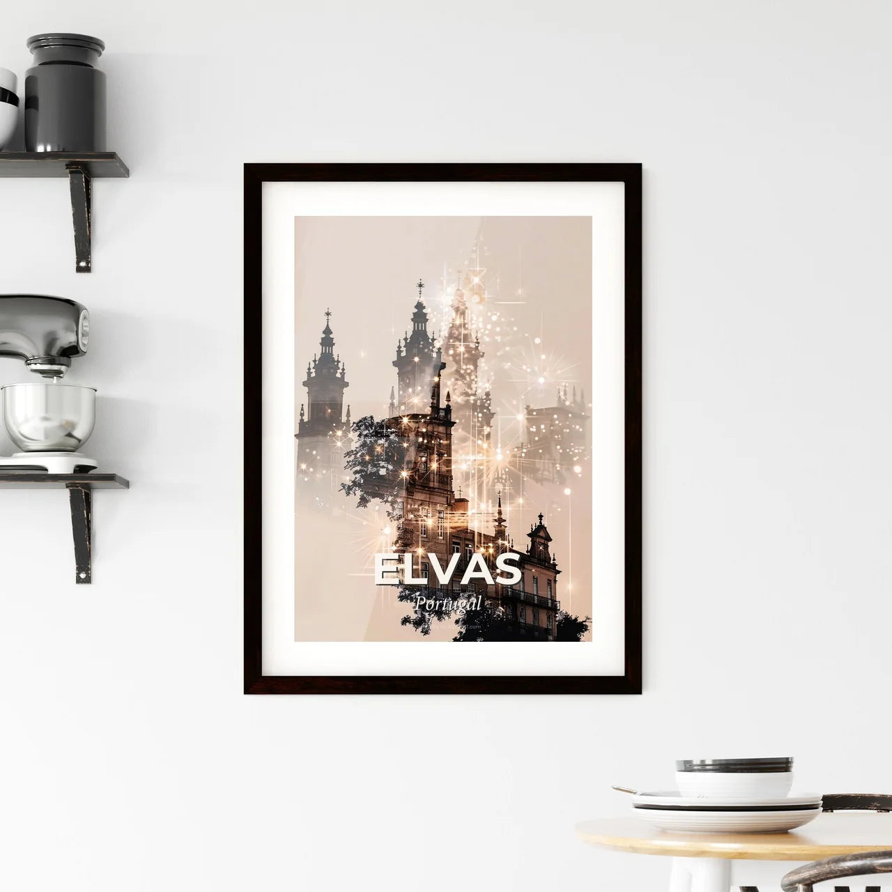 Elvas Skyline City Icons Double Exposure Art Framed Print