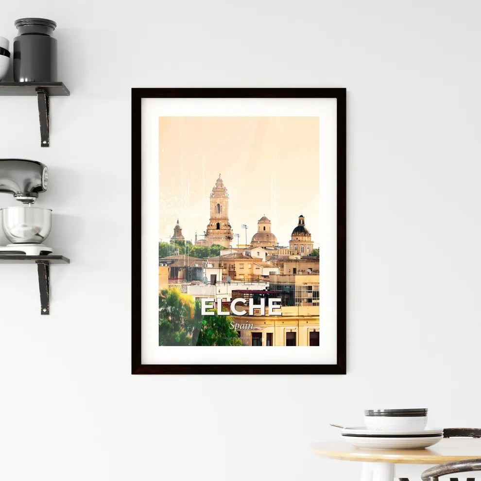 Elche Skyline Composite Art with Bright Beige Paper Background Framed Print