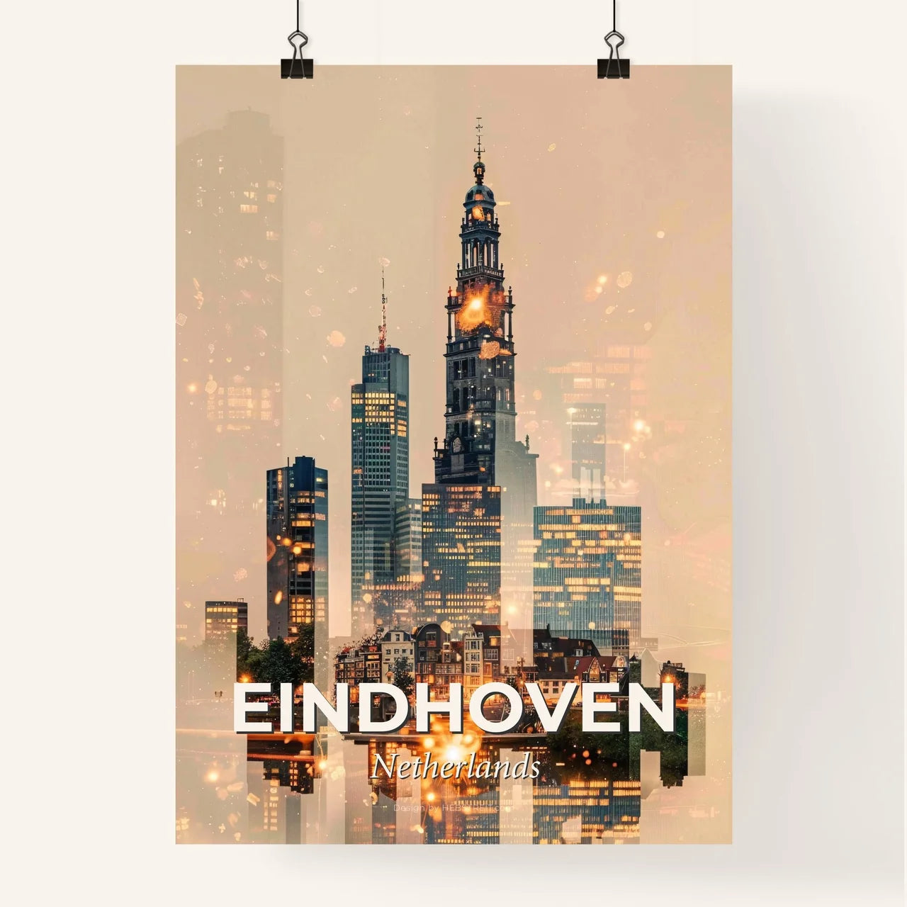 Eindhoven Skyline Cityscape Beige Sparks Poster