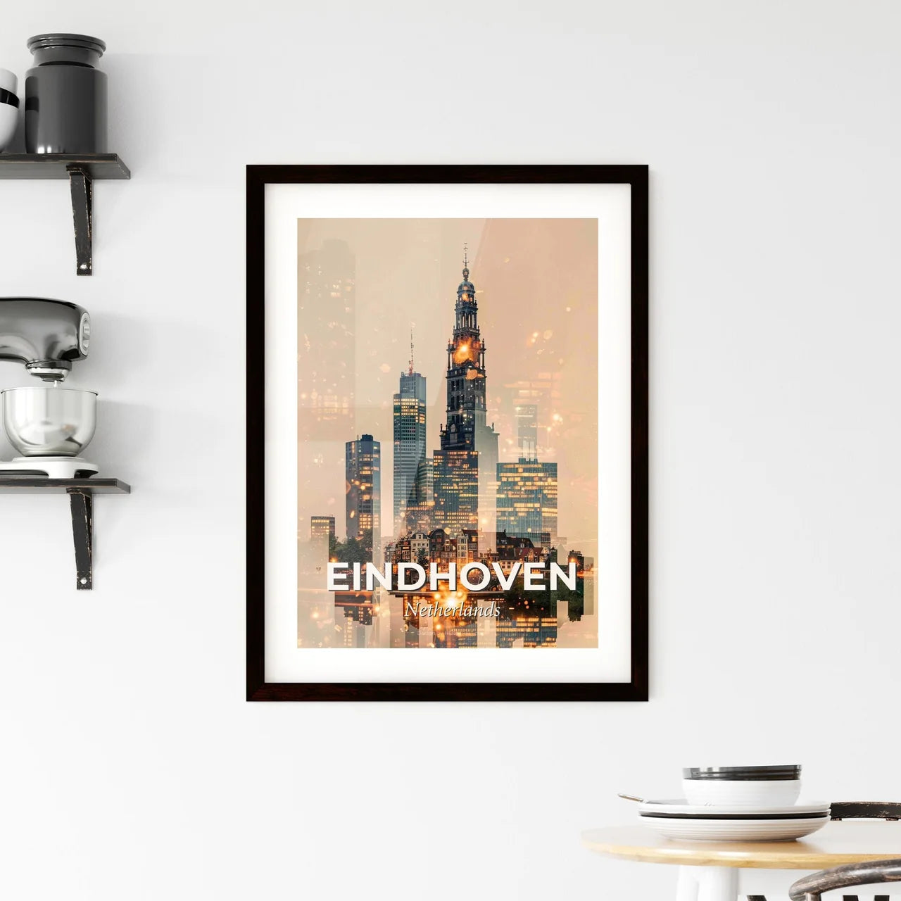 Eindhoven Skyline Cityscape Beige Sparks Framed Print