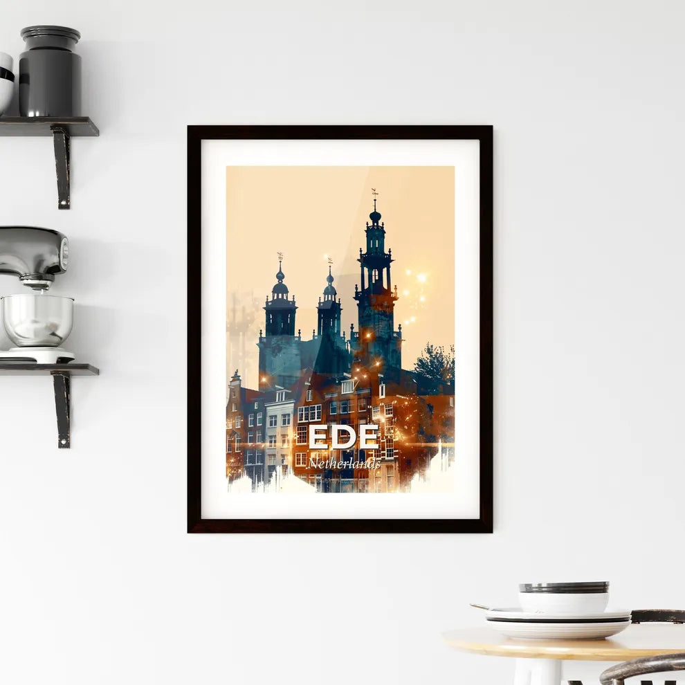 Ede: City Skyline Art, Local Vibes, Sparkly Beige Framed Print