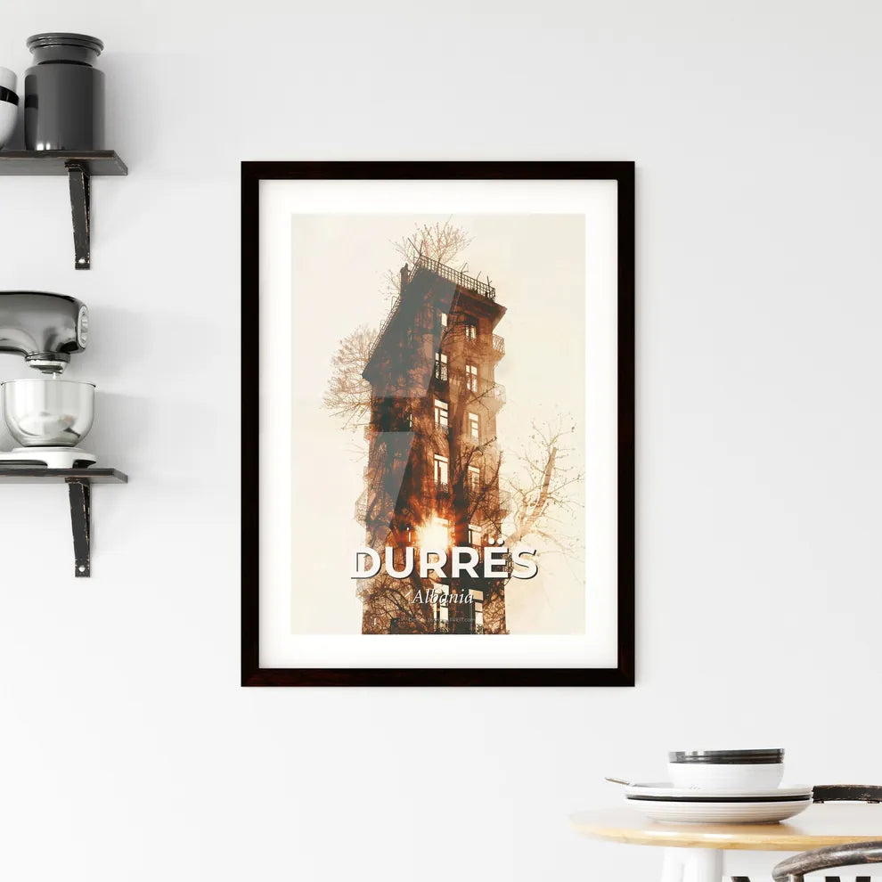 Durres Skyline Silhouette Bright Beige Poster Art Framed Print