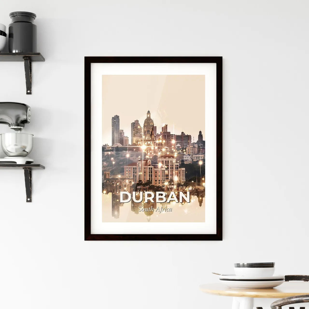 Durban City Skyline Bright Beige Poster Art Framed Print