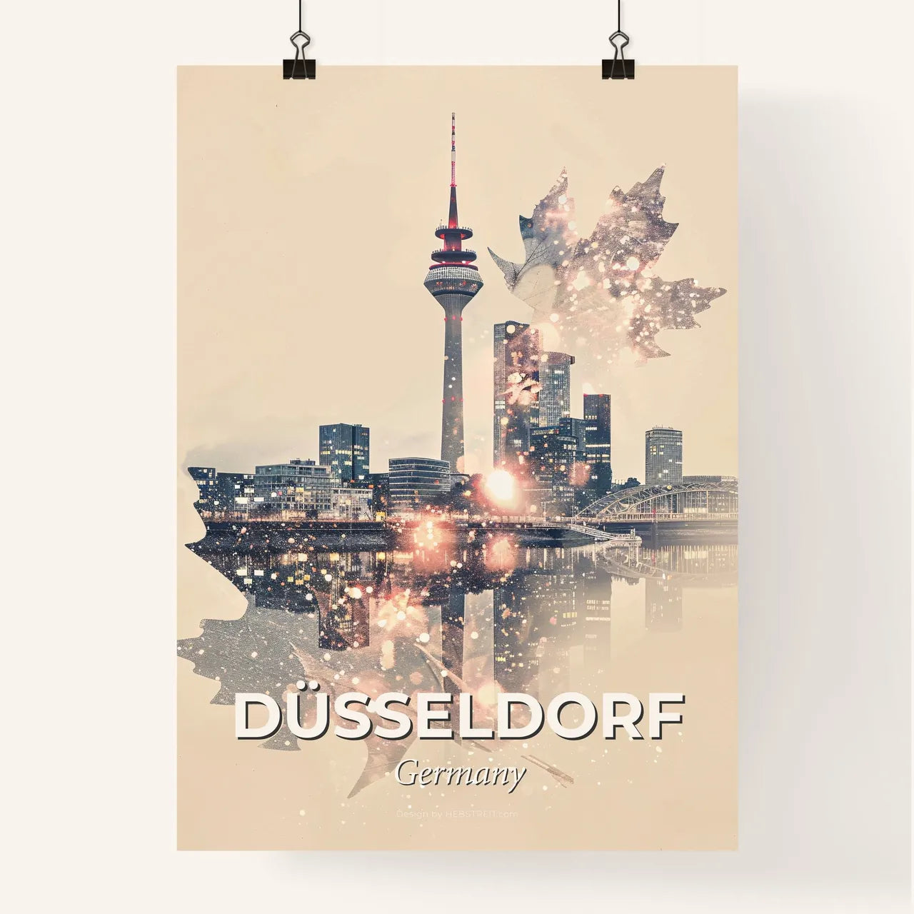 Düsseldorf Cityscape Art: Skyline Icons Double Exposure Poster
