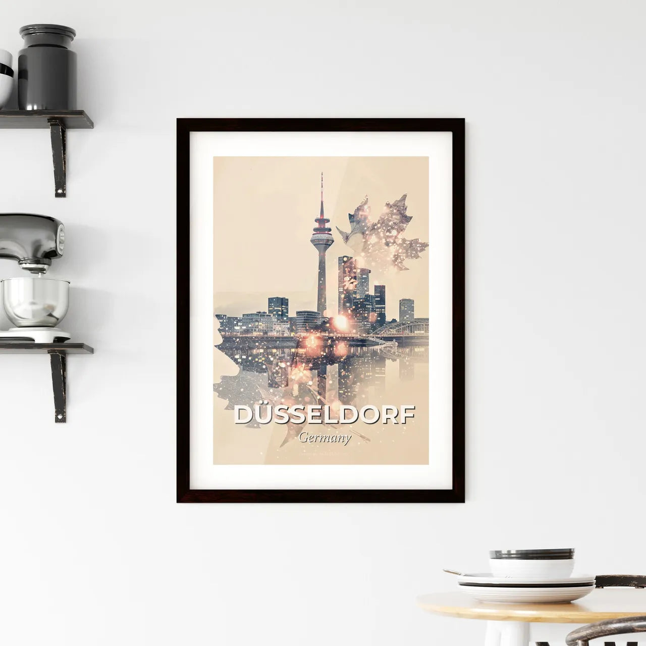 Düsseldorf Cityscape Art: Skyline Icons Double Exposure Framed Print