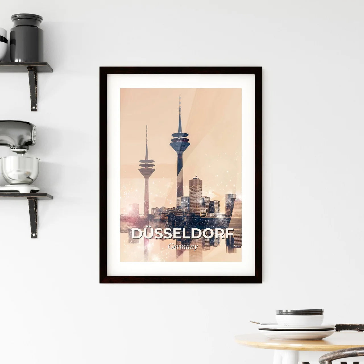 Düsseldorf Double Exposure Cityscape Artwork with Sparkle Framed Print