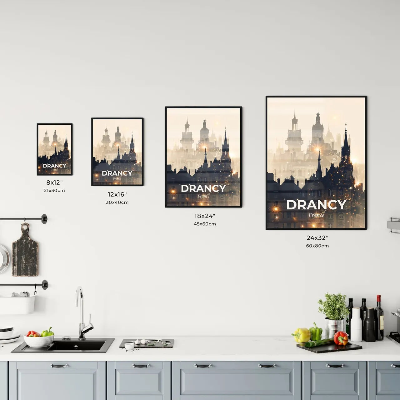 Drancy: Urban Skyline Composite, Bright Beige Poster Office Art