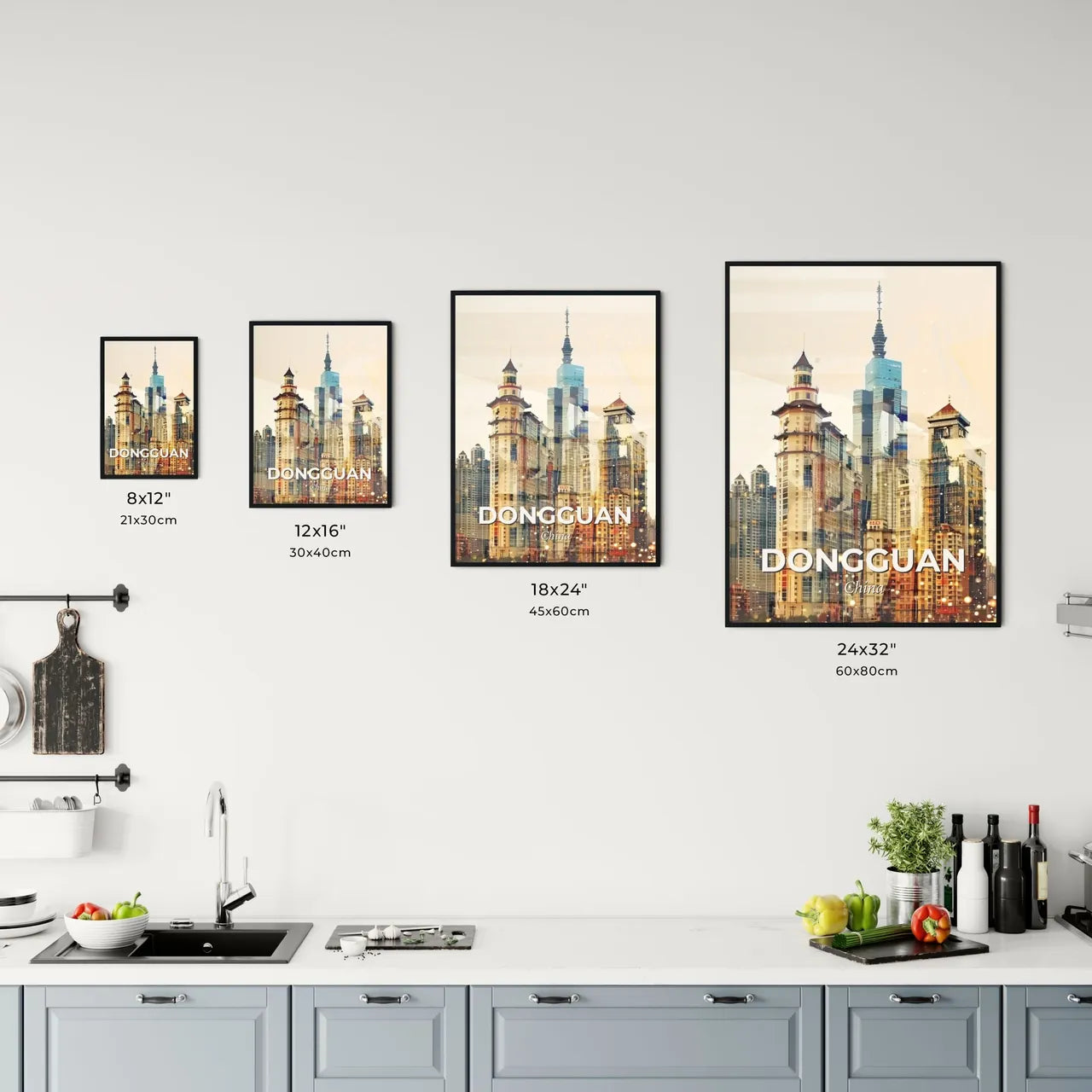 Dongguan Skyscapes: City Icons on Beige Office Art