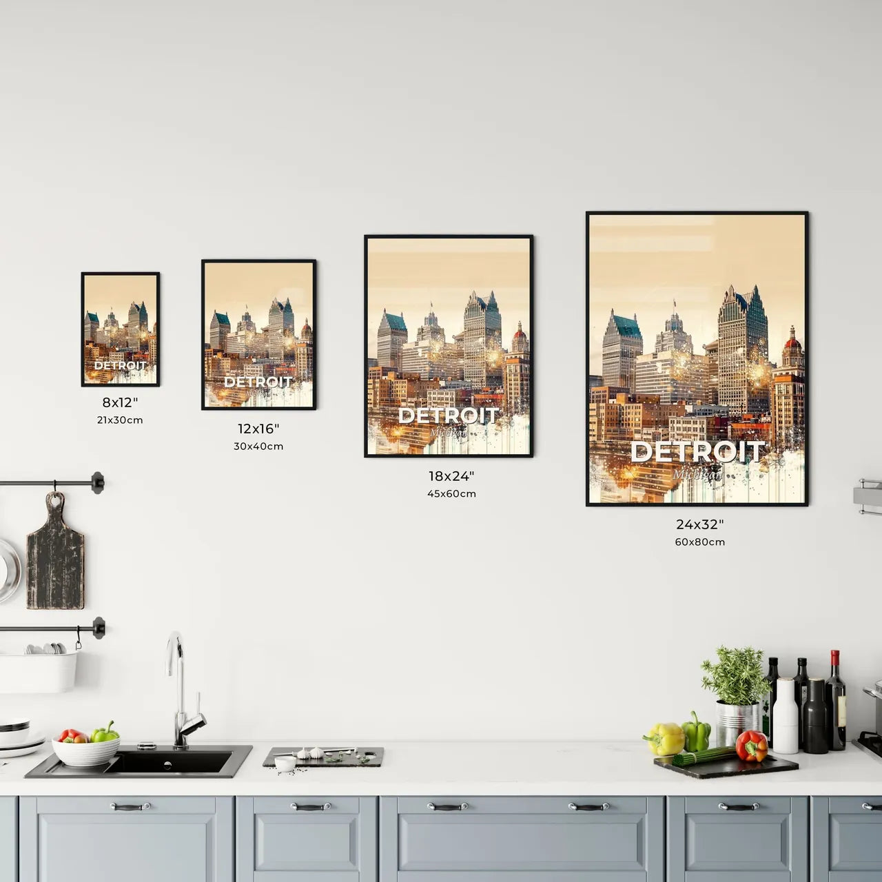 Detroit City Lights: Art Deco Skyline on Beige Office Art
