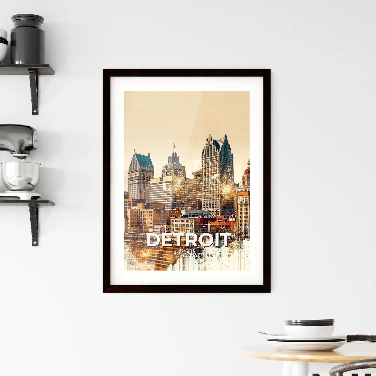 Detroit City Lights: Art Deco Skyline on Beige Framed Print