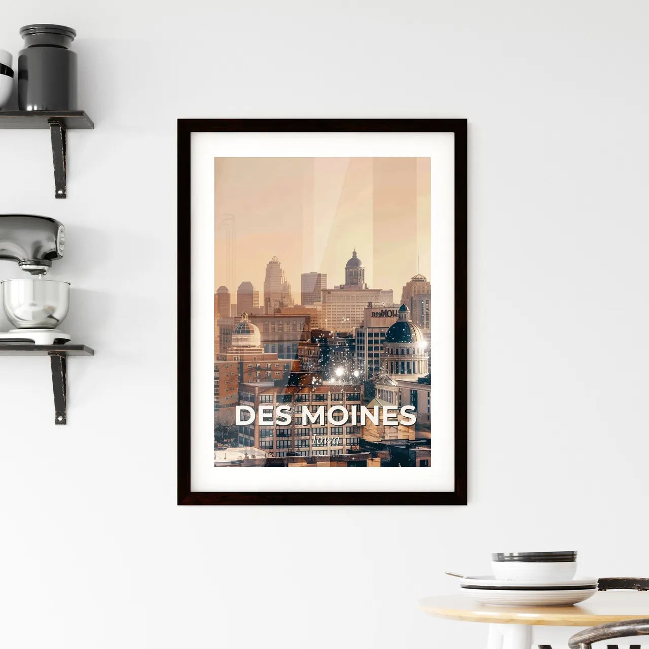 Des Moines Cityscape Art Composite on Beige Framed Print