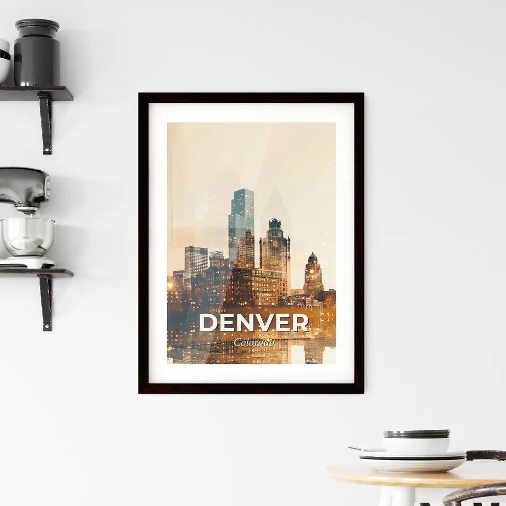 Denver Skyline Double Exposure Art Poster Framed Print
