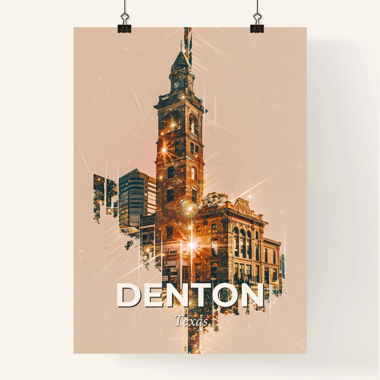Denton Texas City Skyline Double Exposure Art Poster Poster