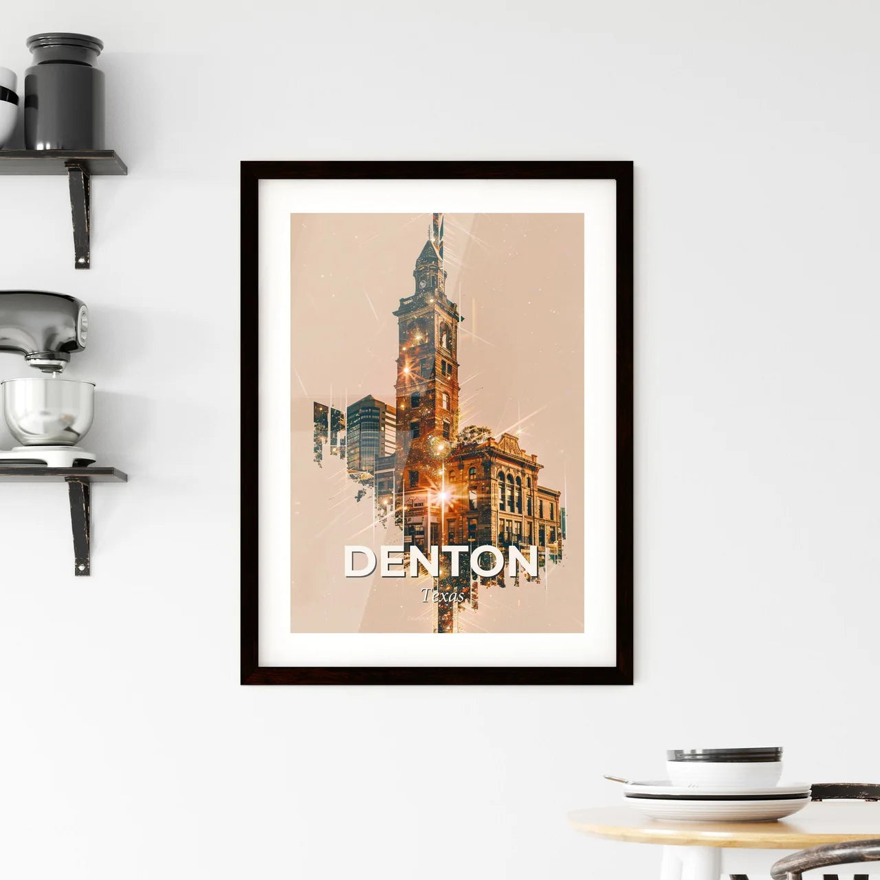 Denton Texas City Skyline Double Exposure Art Poster Framed Print