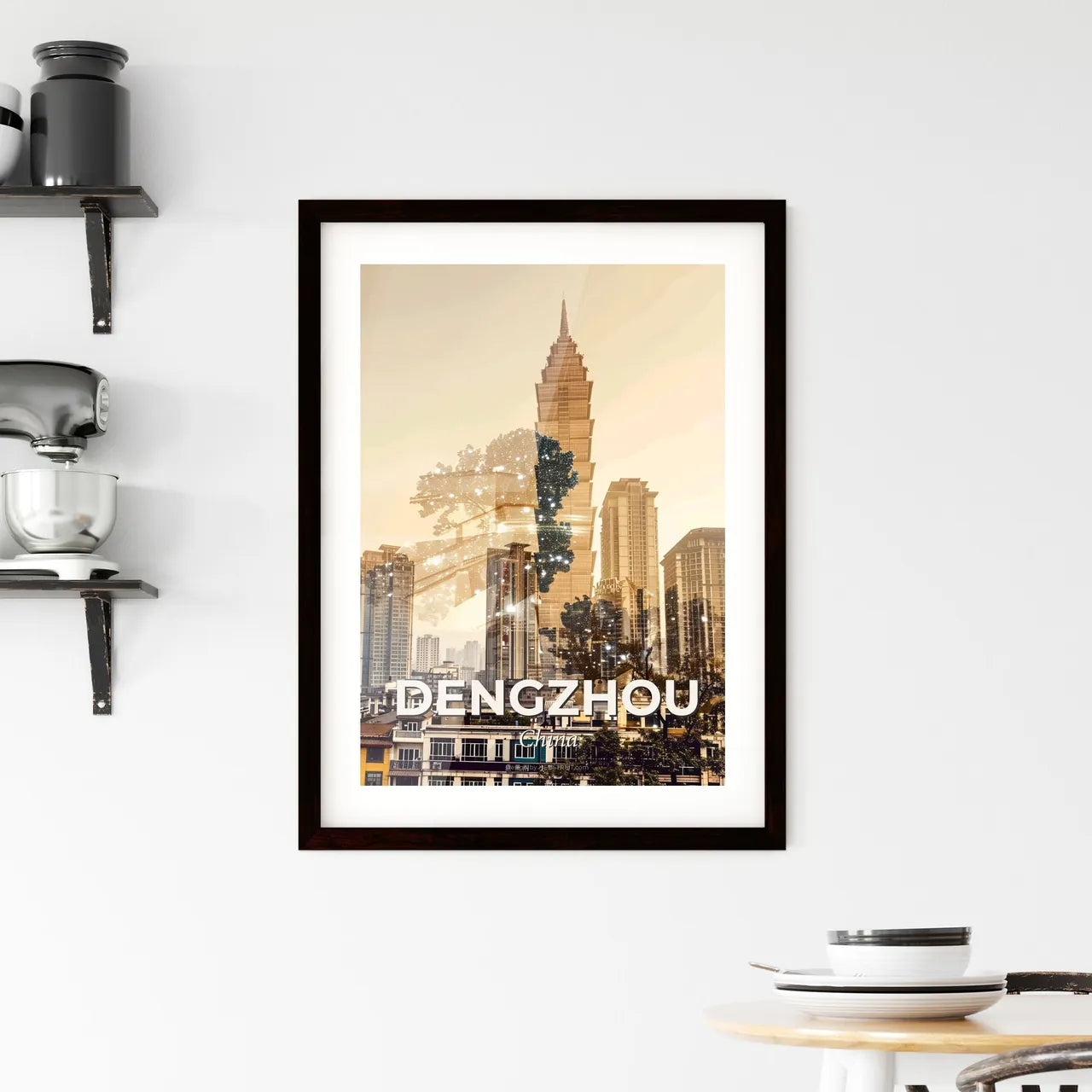 Dengzhou Skyline Double Exposure Pastel Poster Framed Print