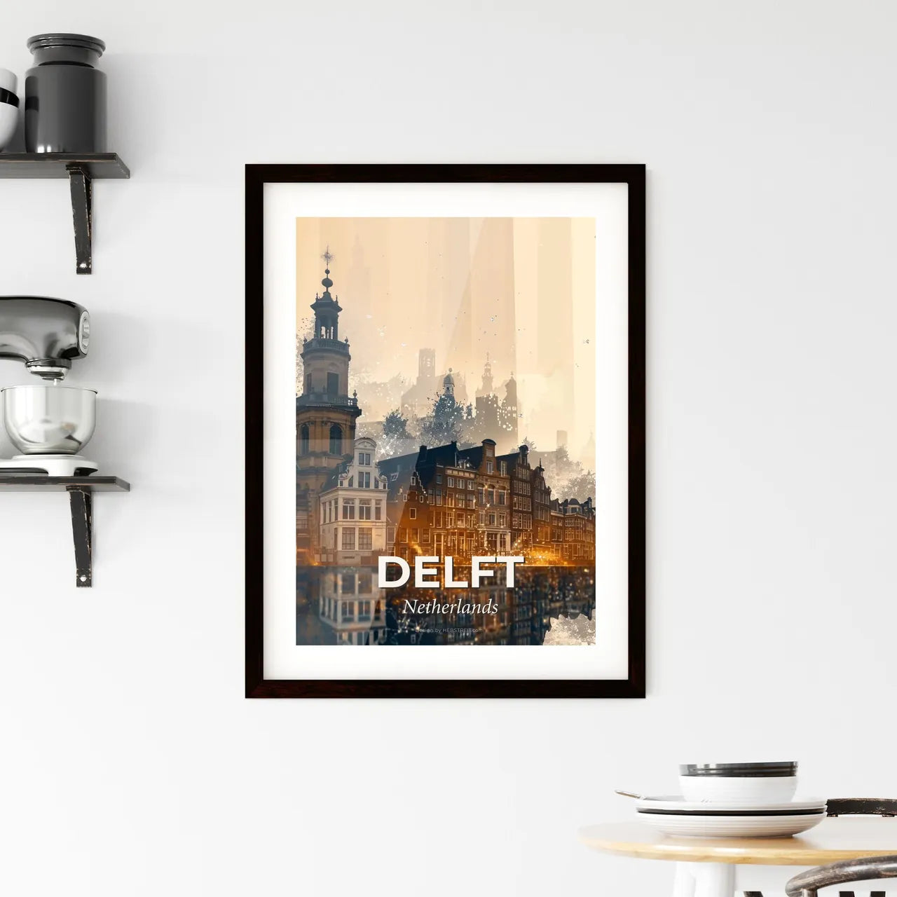 Delft double exposure skyline poster art Framed Print