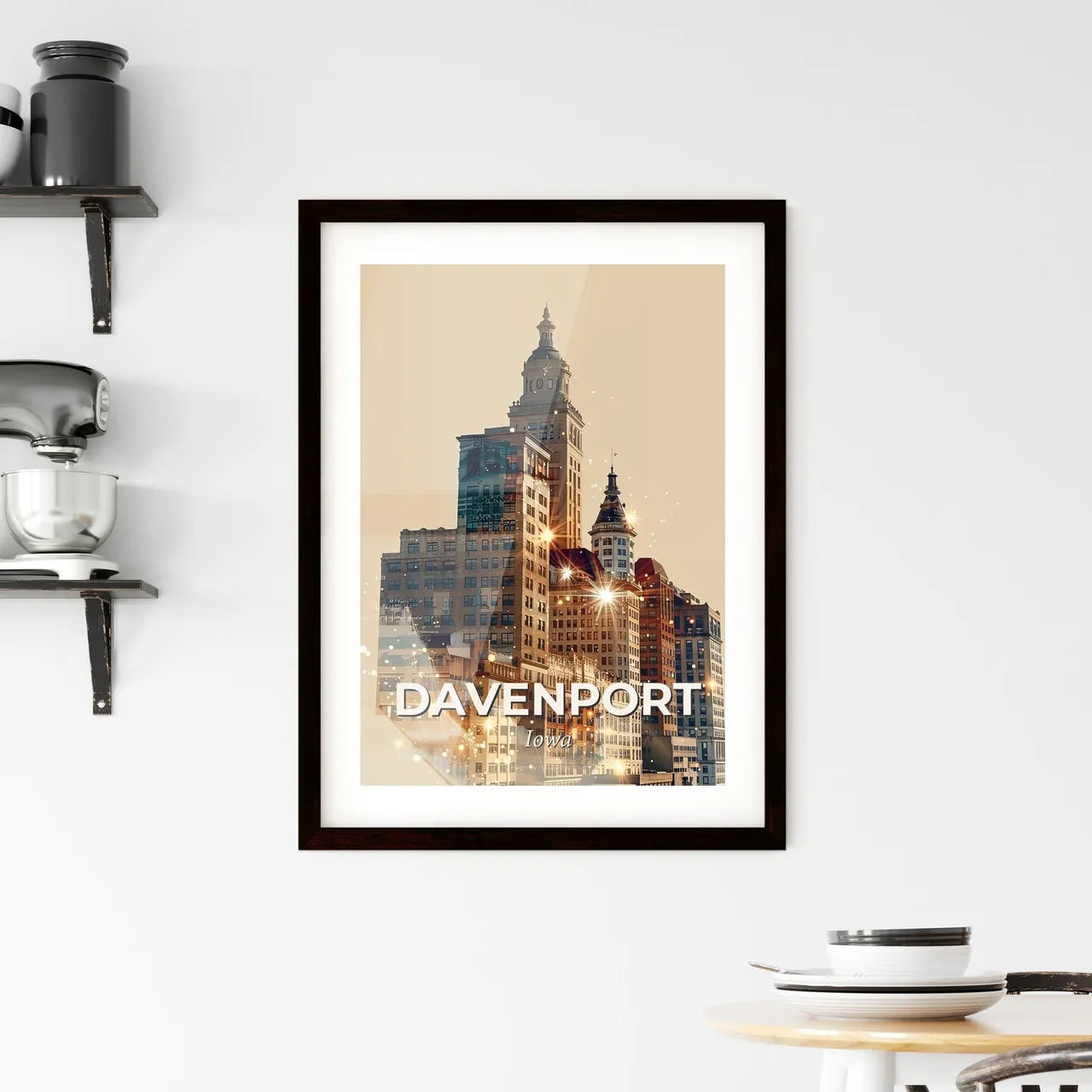 Davenport Cityscape Art Poster: Double Exposure Skyline Masterpiece Framed Print