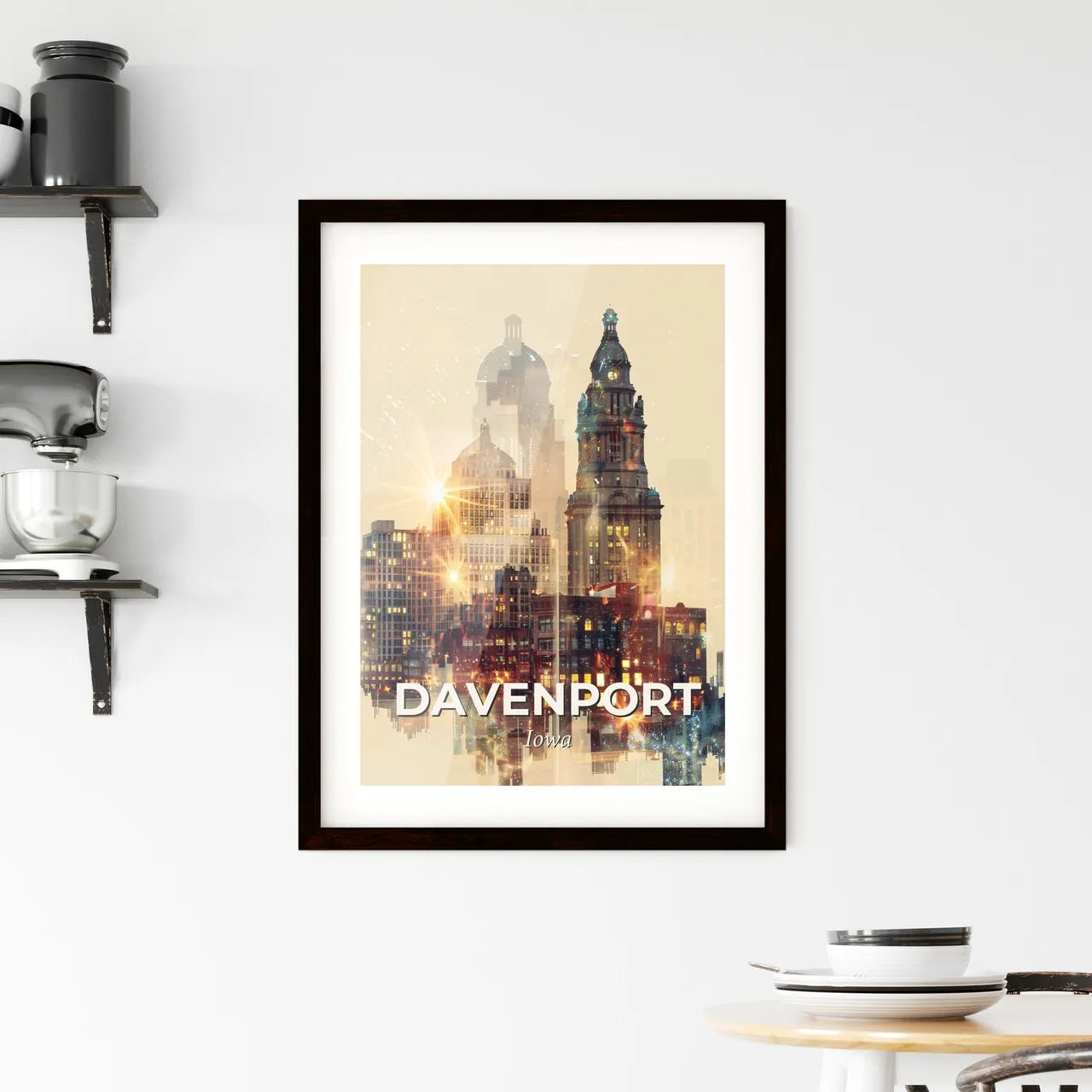 Davenport Cityscape Art: Double Exposure Skyline Panorama Framed Print