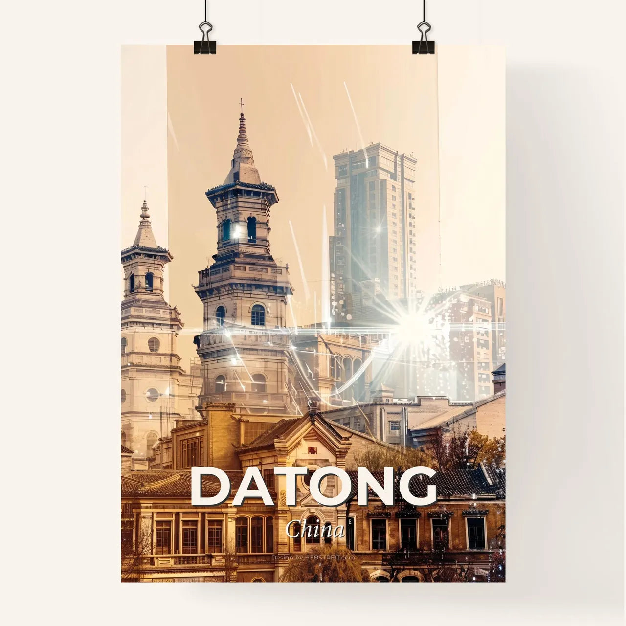 Datong China Skyline Art Bright Beige Backlit Poster