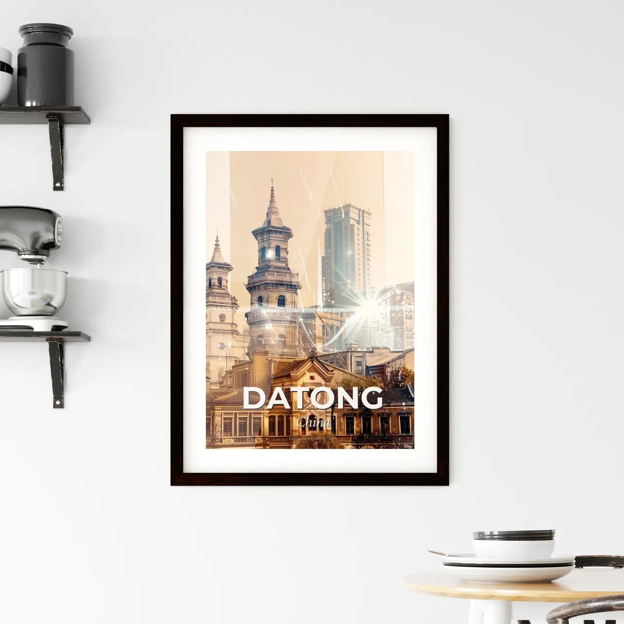 Datong China Skyline Art Bright Beige Backlit Framed Print