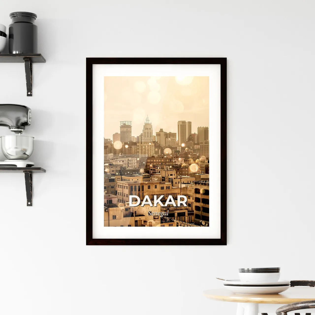 Dakar Skyline Composite Art Poster, Beige Background, Sparkles Framed Print