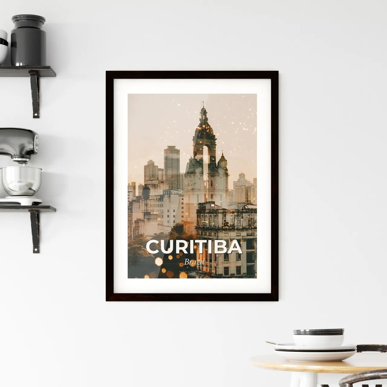 Curitiba Double Exposure Skyline Poster Art Framed Print
