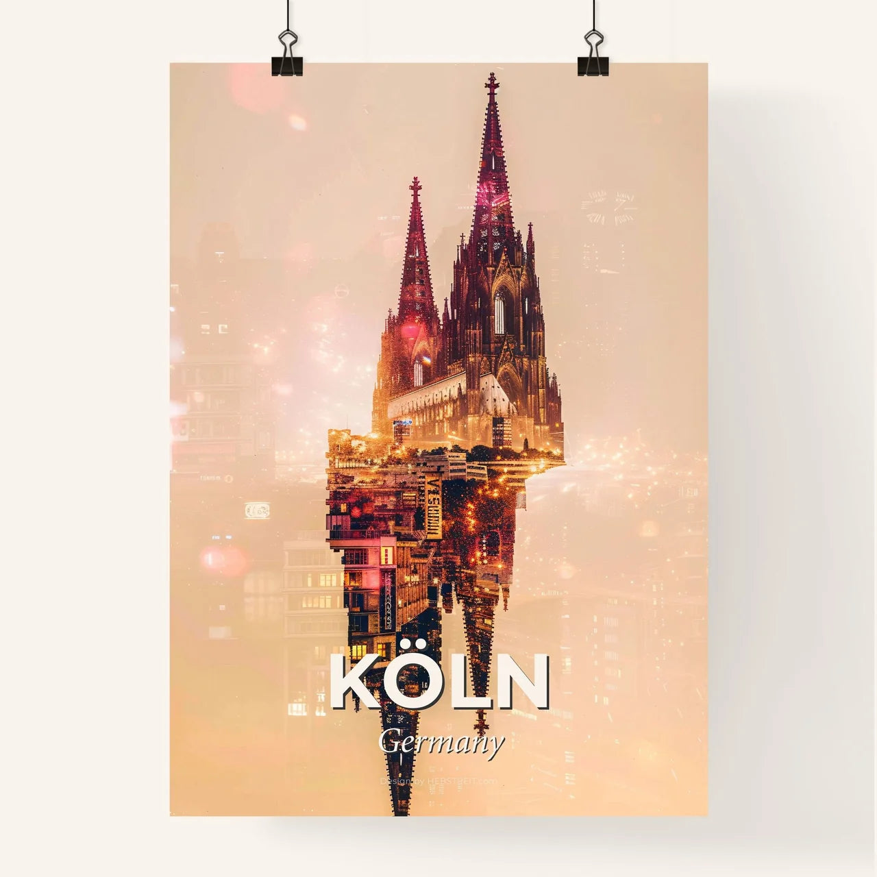 Cologne City Skyline Poster, Double Exposure, Bright Beige Poster