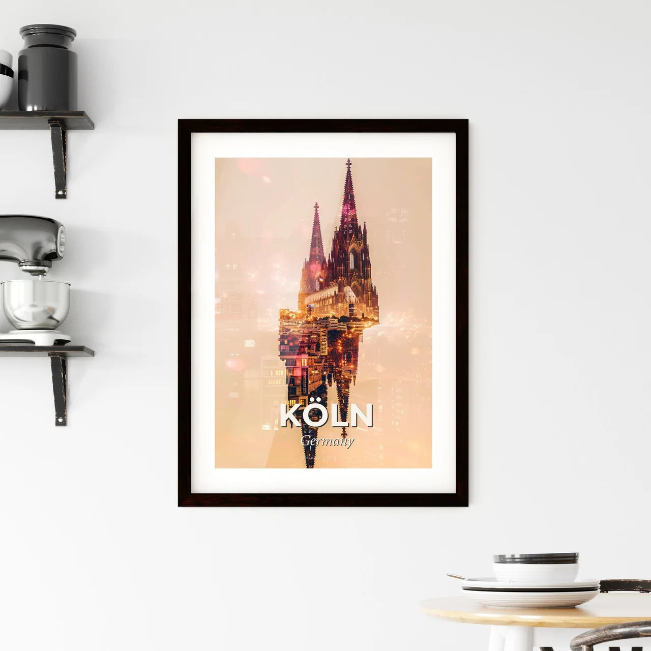 Cologne City Skyline Poster, Double Exposure, Bright Beige Framed Print