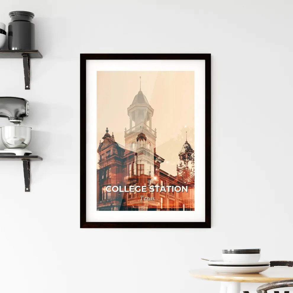 College Station Skyline Art: Local Icons, Beige Beauty Framed Print